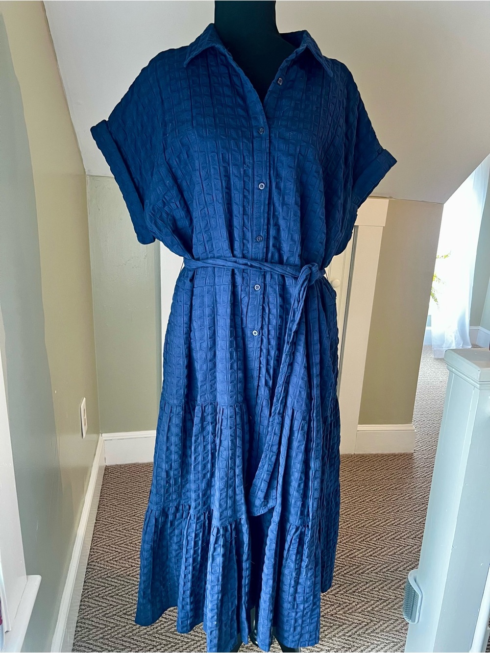 Women's Navy Button-Front Textured Maxi Dress with Tie Waist